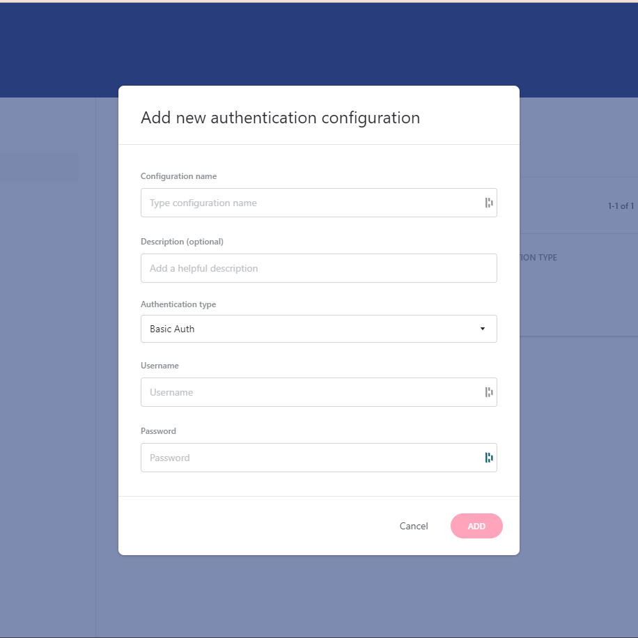 Authentication configuration modal for basic auth. - click to enlarge Authentication configuration modal for basic auth.