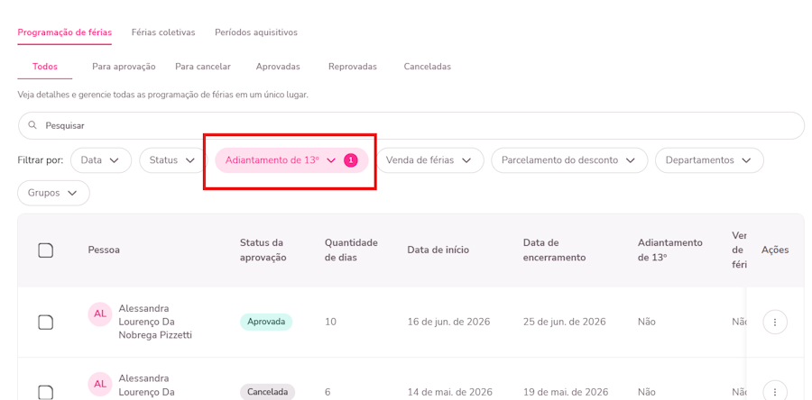 imagem exemplo para a opção destacada de adiantar décimo terceiro.