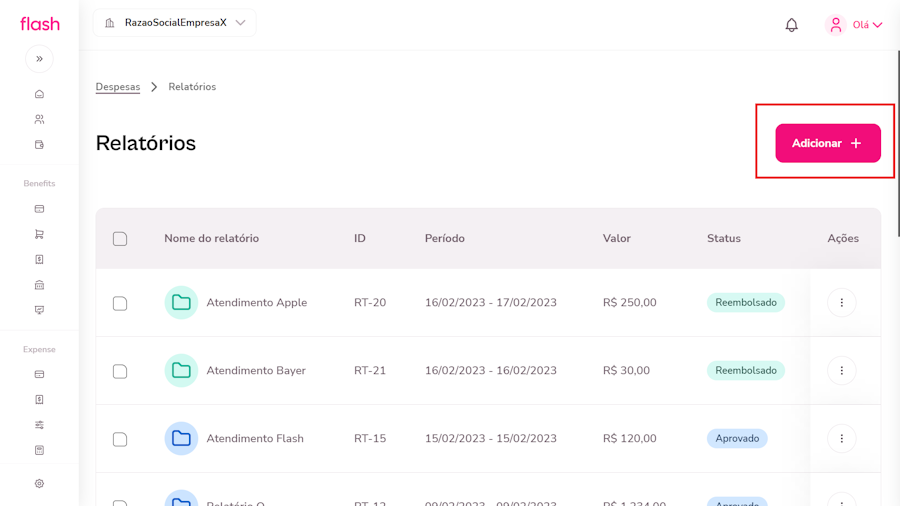 Imagem do menu de relatório com foco na opção adicionar.