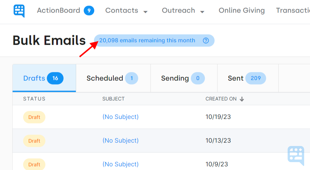 BULK EMAILS AVAILABLE SHOWING ON OUTREACH - click to enlarge BULK EMAILS AVAILABLE SHOWING ON OUTREACH