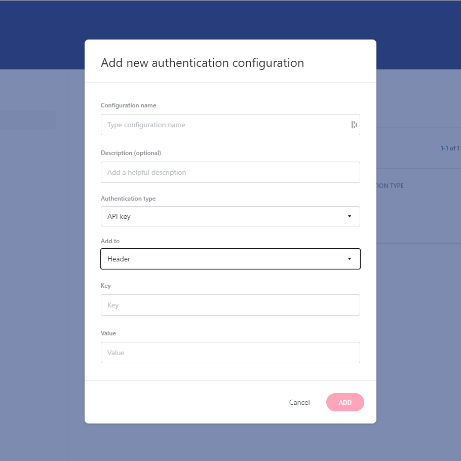 Authentication configuration modal for API key. - click to enlarge Authentication configuration modal for API key.