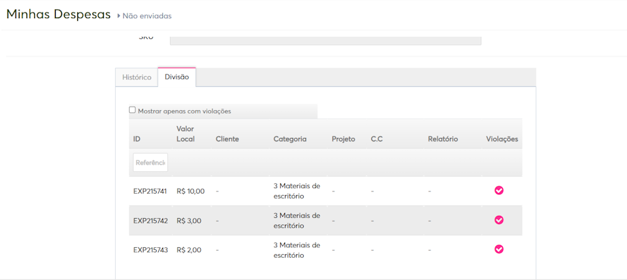 imagem da plataforma das demais divisões associadas com dados exemplos