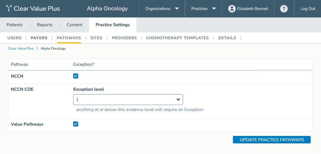 The Pathways sub-tab of the Practice Settings tab - click to enlarge The Pathways sub-tab of the Practice Settings tab