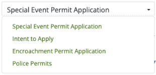 An image showing the drop-down box with multiple permit types.