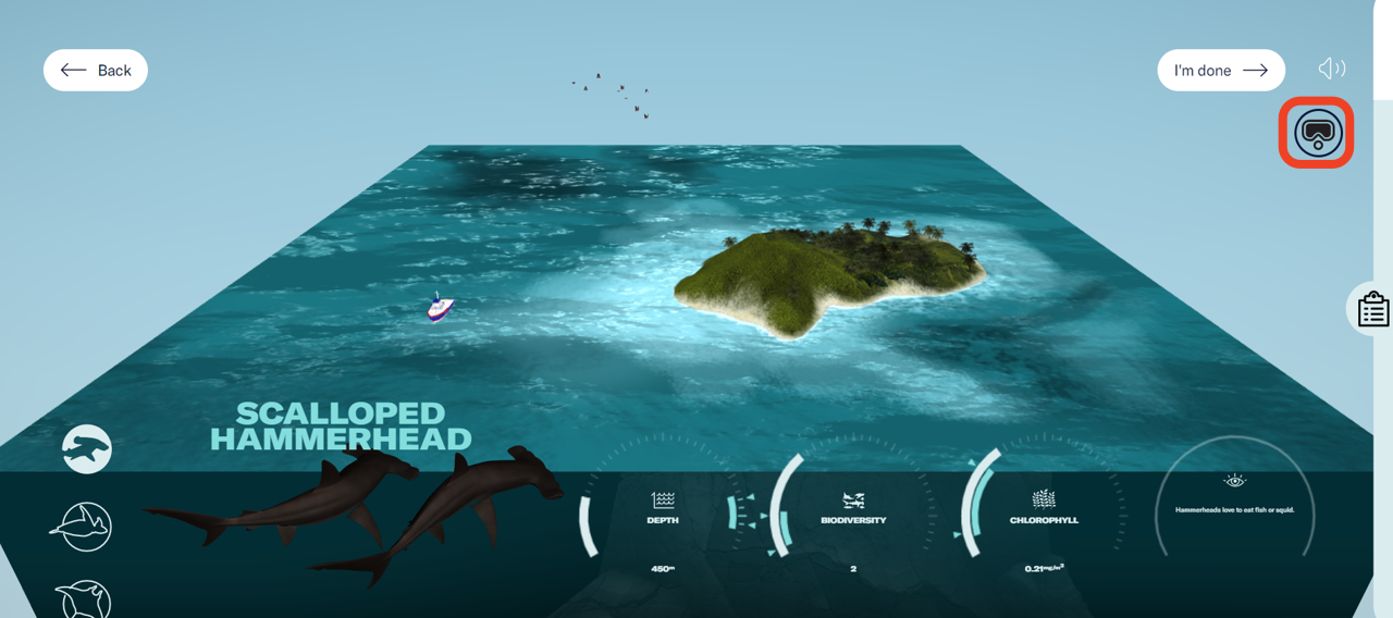 The Dive Detective VR experience’s map and information panel. The map shows the ocean surrounding Cocos island. The information panel displays clues about the animal’s location. A mask icon is highlighted at the top right corner. - click to enlarge The Dive Detective VR experience’s map and information panel. The map shows the ocean surrounding Cocos island. The information panel displays clues about the animal’s location. A mask icon is highlighted at the top right corner.