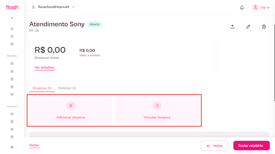 Imagem de despesa exemplo com opções de criar ou vincular despesa.