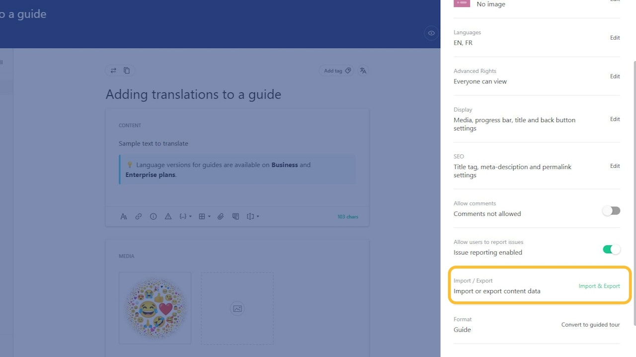Guide editor's settings pane with the Import/Export options highlighted - click to enlarge Guide editor's settings pane with the Import/Export options highlighted
