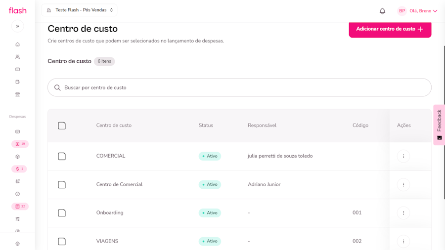 Imagem dos centros de custo criados na plataforma