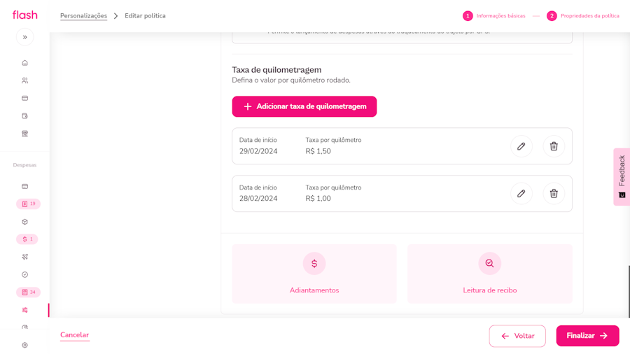 Configurar política de despesa. Tela para configuração das regras relacionadas às solicitações de adiantamento. Clicar em “Adiantamentos”