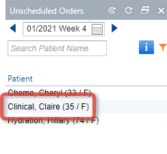 The Unscheduled Orders My Tasks widget filtered to show a specific week and with a Patient Name highlighted - click to enlarge The Unscheduled Orders My Tasks widget filtered to show a specific week and with a Patient Name highlighted