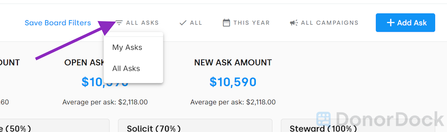 Ask Filter options: My Asks or All Asks