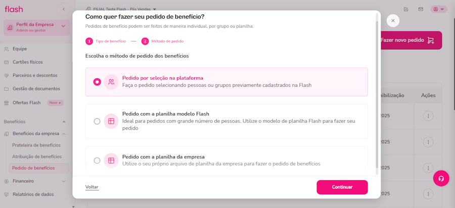 imagem da tela seguinte com a opção pedido por seleção indicada