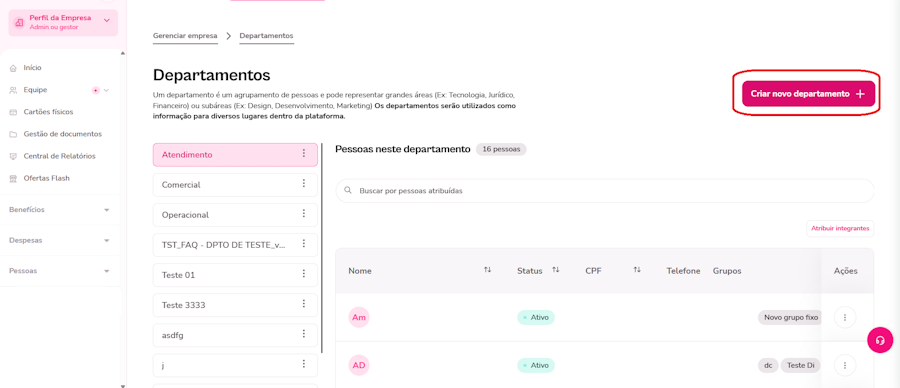 imagem da plataforma com destaque para um departamento já criado e o botão de adicionar integrante