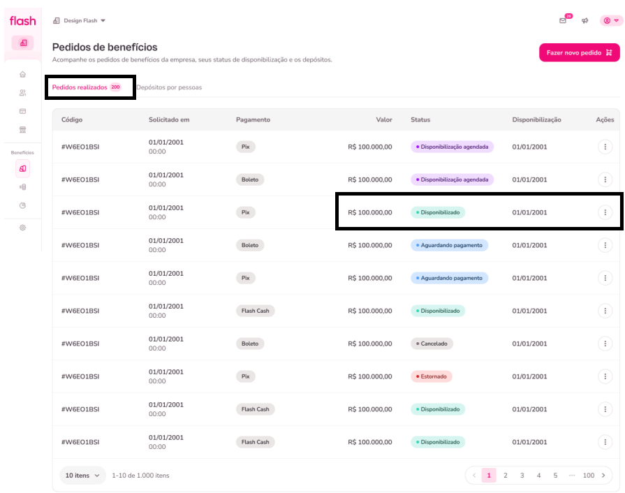 Depósitos e estornos. Passo a passo 1 e 2 para selecionar o pedido