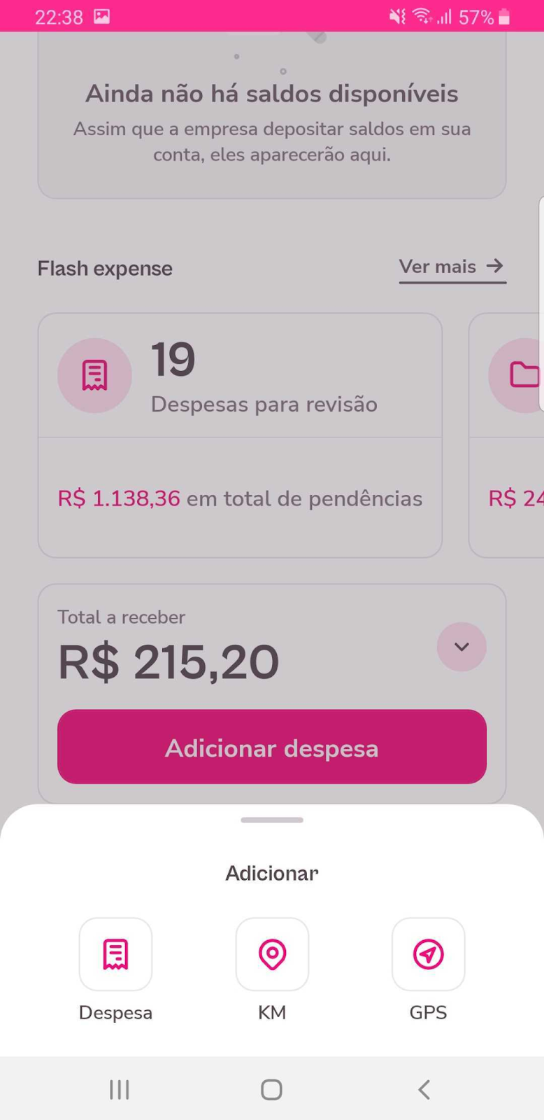 imagem do aplicativo com opções de despesa, KM e GPs