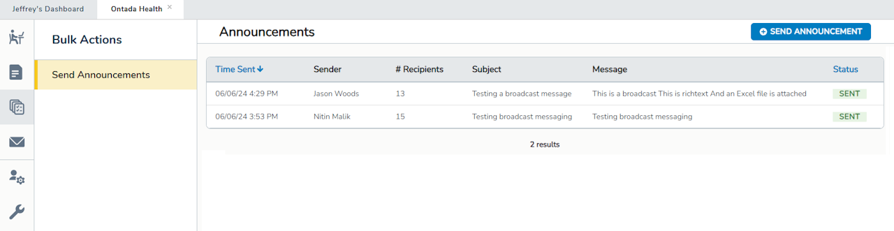 The Send Announcements list - click to enlarge The Send Announcements list