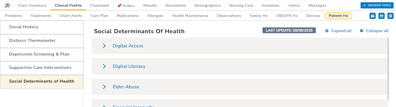 The Social Determinants of Health section under the Patient Hx tab - click to enlarge The Social Determinants of Health section under the Patient Hx tab