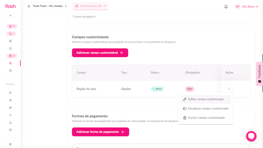 imagem da tela de campo customizável com as opções laterais mostradas