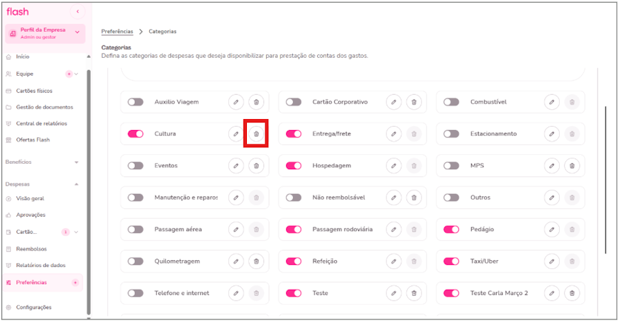 Imagem mostra como excluir uma categoria na plataforma Flash.