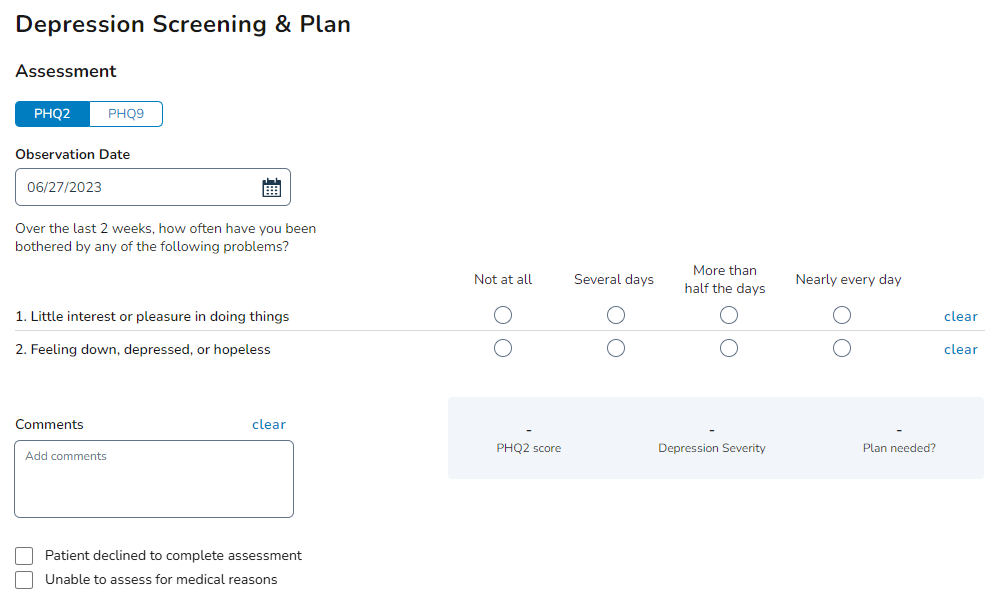 The Depression Screening & Plan PHQ2 form - click to enlarge The Depression Screening & Plan PHQ2 form