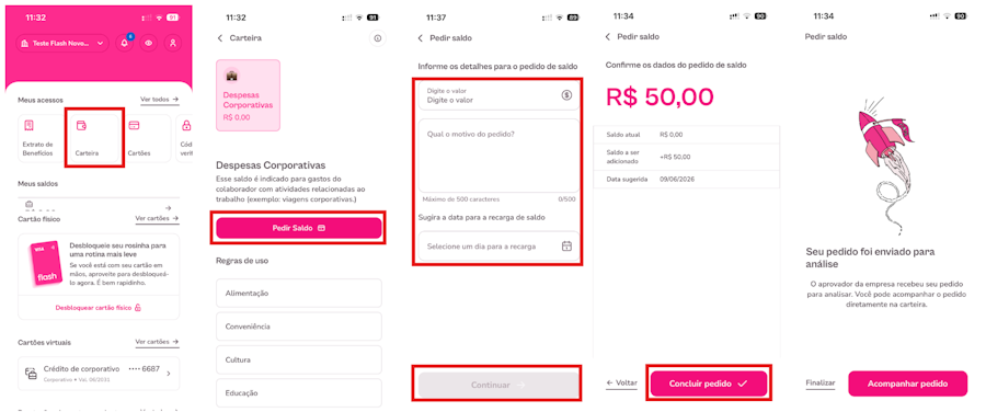 Imagem mostra passo a passo de como realizar pedido de saldo no aplicativo Flash.