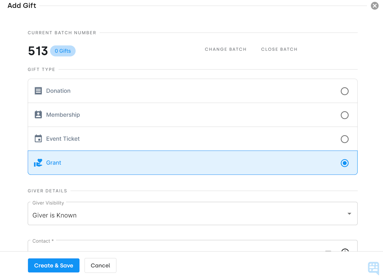 ADD GIFT SLIDEOUT SHOWING GIFT TYPES OF DONATION, EVENT TICKET, MEMBERSHIP, OR GRANT - click to enlarge ADD GIFT SLIDEOUT SHOWING GIFT TYPES OF DONATION, EVENT TICKET, MEMBERSHIP, OR GRANT
