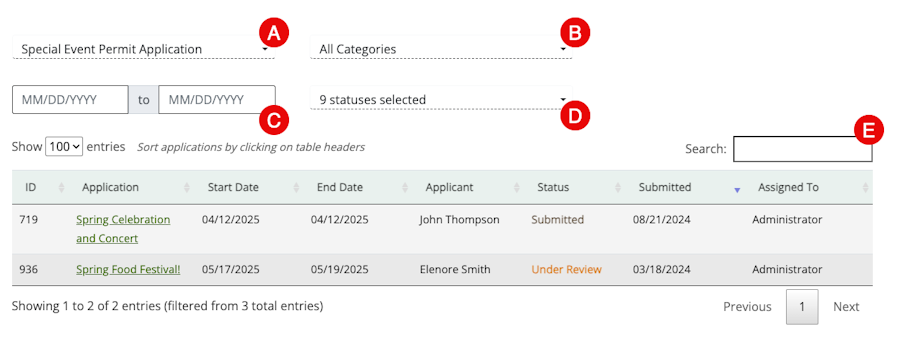 Images showing the filters and results of the Application search page. Letters from A to E identify the different sections explained in the text below.