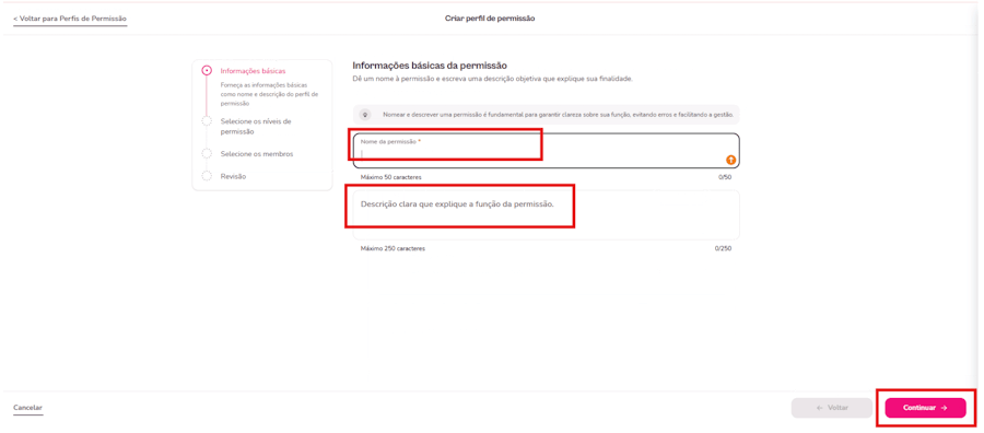 Imagem mostra o passo a passo das informações que devem ser preenchidas para criar um perfil personalizado
