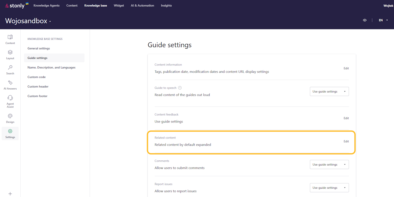 Guide settings view open in Knowledge base tab. - click to enlarge Guide settings view open in Knowledge base tab.
