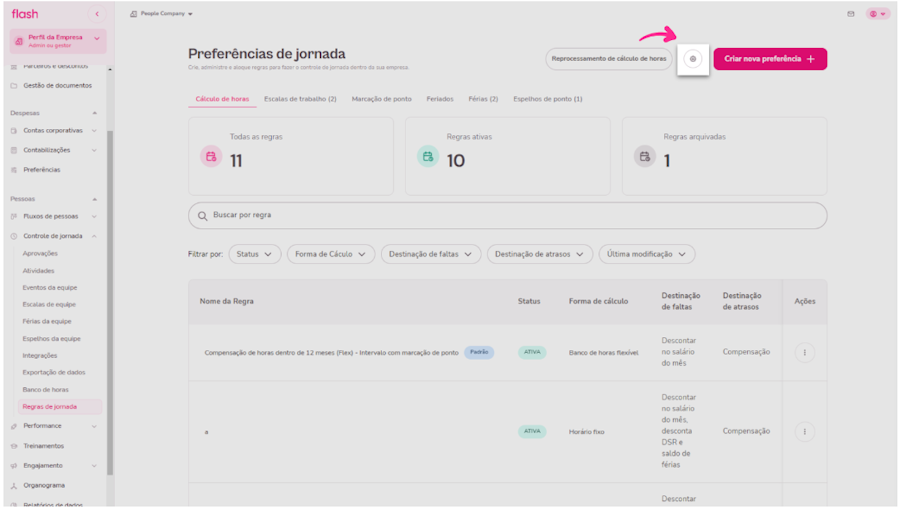 Imagem no menu de regras de jornada e o botão configurações.