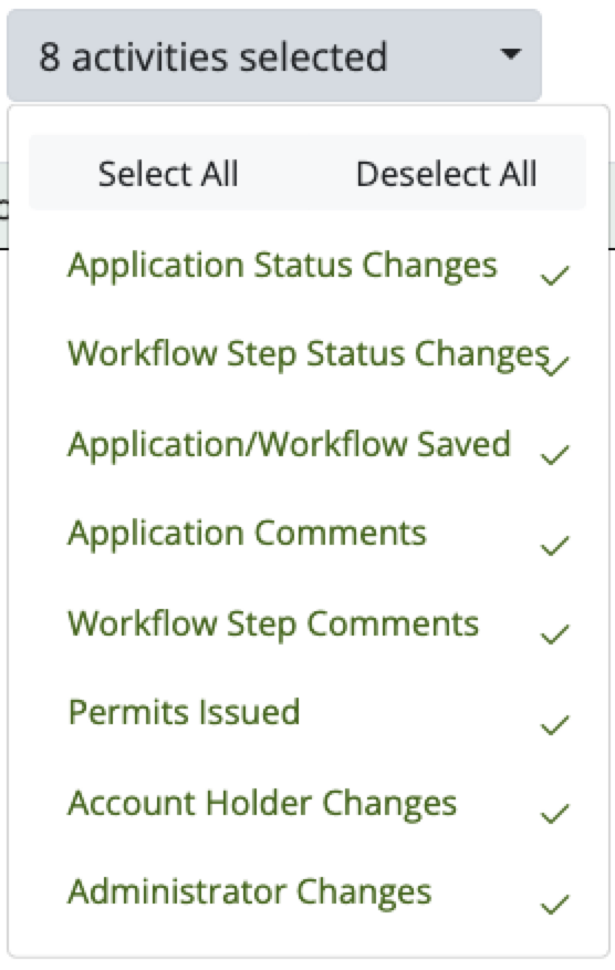 Shows the Activities dropdown with the activities chosen for the report marked with a green checkmark.