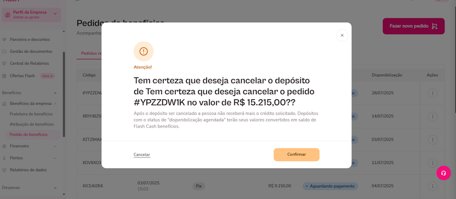 Imagem da tela de confirmação para cancelar pedido inteiro.