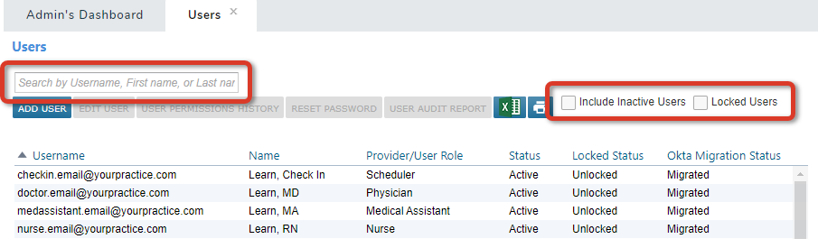 The Users list with Search and filters highlighted - click to enlarge The Users list with Search and filters highlighted