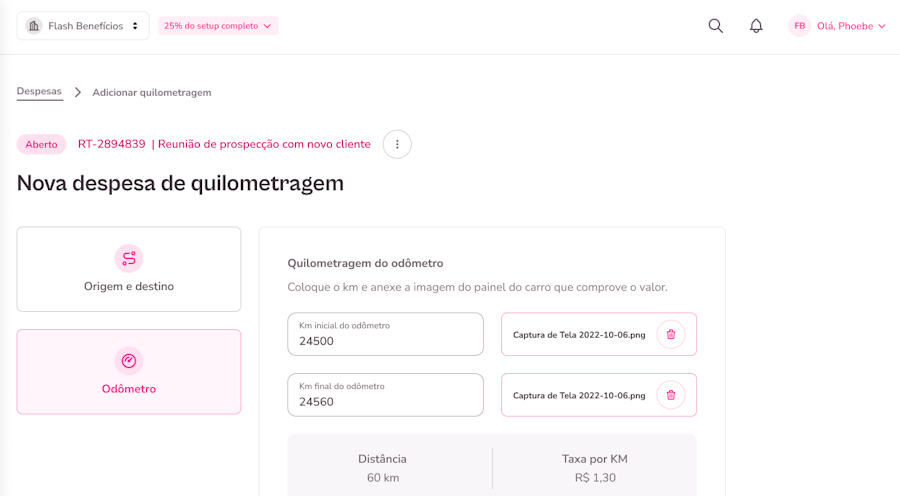 imagem do menu despesa por quilometragem na opção odometro