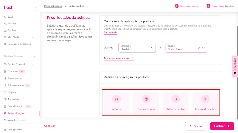 Propriedades da politica, tópico Regras de aplicação de política