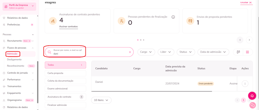 imagem da plataforma com resultado exemplo de colaborador em admissão