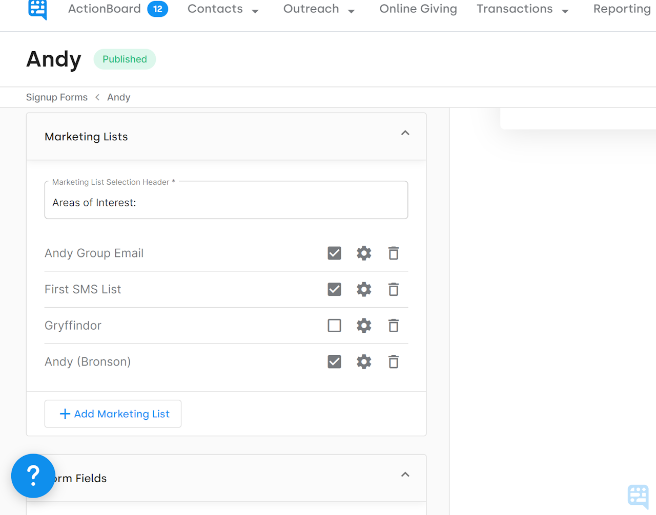 MARKETING LIST DETTINGS ON SIGNUP FORMS - click to enlarge MARKETING LIST DETTINGS ON SIGNUP FORMS