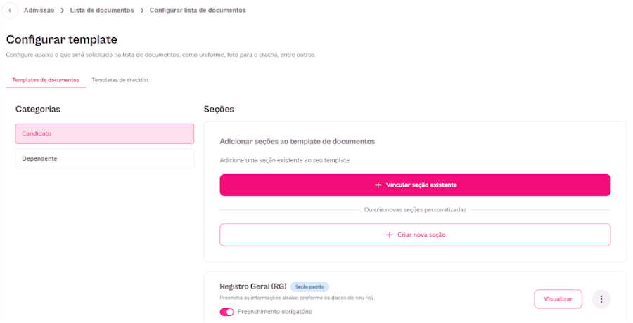 imagem da plataforma no menu de configurar template com destaque para a opção de candidato