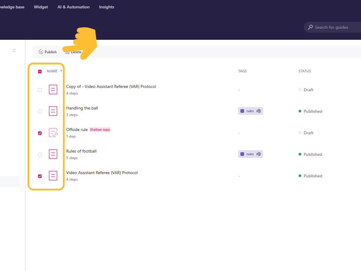 Items selected in the Content view for bulk publishing. - click to enlarge Items selected in the Content view for bulk publishing.