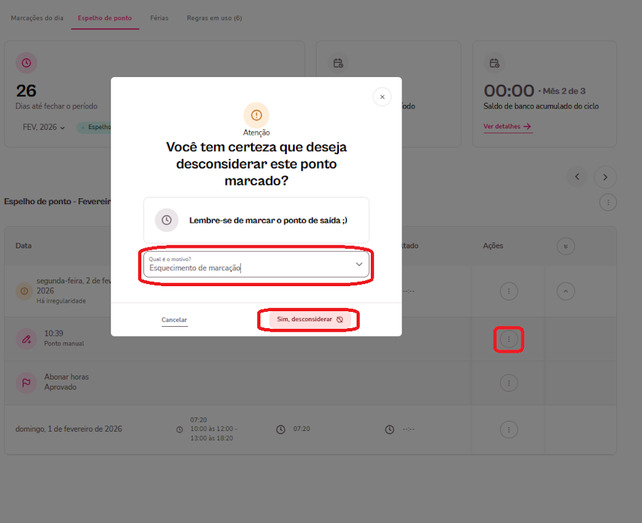 imagem com a tela de desconsiderar uma marcação de ponto