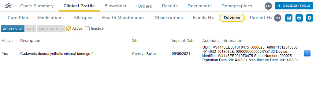 The Clinical Profile Devices sub-tab - click to enlarge The Clinical Profile Devices sub-tab