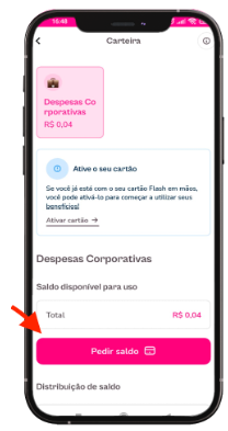 imagem exemplo do aplicativo com destaque para o botão pedir saldo