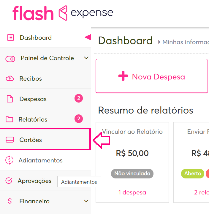 Imagem da plataforma com destaque para o menu de cartões