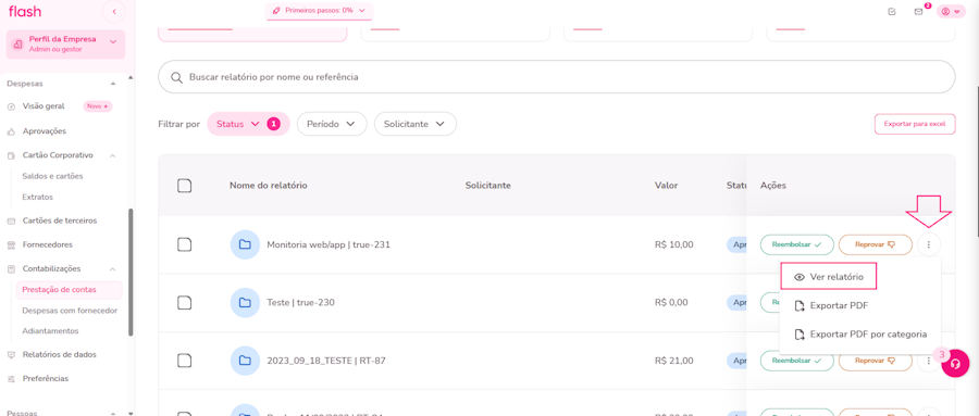 imagem exemplo da aba de prestação de conta com destaque para a aba de ação com ver relatório