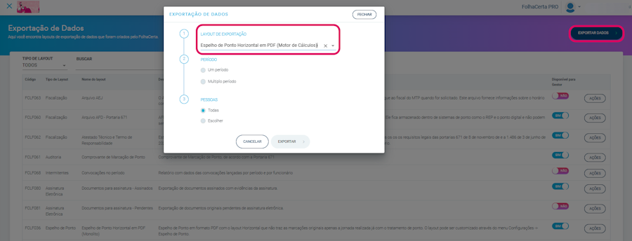 imagem da plataforma com destaque para opção exemplo de relatório