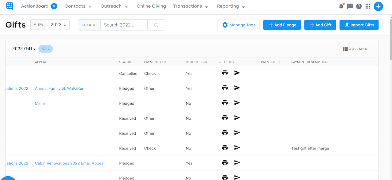 LIST VIEW OF GIFTS UNDER TRANSACTIONS DISPLAYING THE RECEIPT COLUMN WITH ICONS - click to enlarge LIST VIEW OF GIFTS UNDER TRANSACTIONS DISPLAYING THE RECEIPT COLUMN WITH ICONS