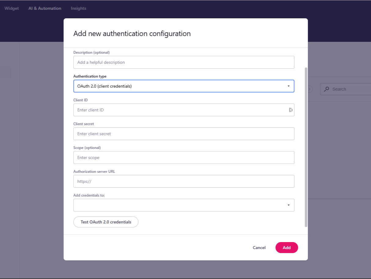 Authentication configuration modal for OAuth 2.0. - click to enlarge Authentication configuration modal for OAuth 2.0.