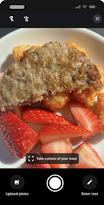 Camera viewfinder displaying a meal of bread and strawberries with Upload photo and Enter text options at bottom