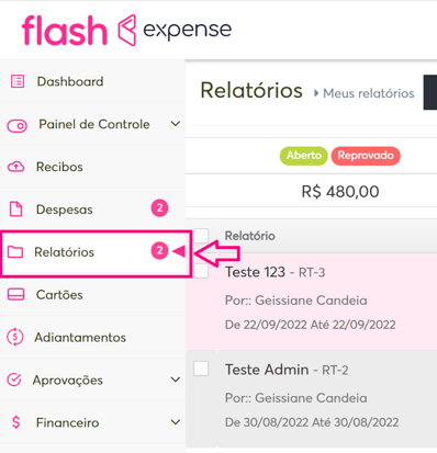 imagem da plataforma com destaque para opção de relatórios
