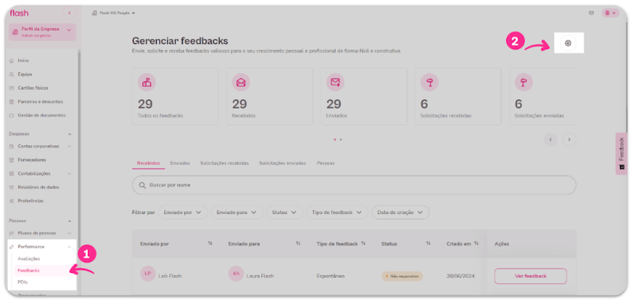 imagem da plataforma com destaque para o menu de feedbacks